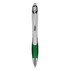 A plastic pen in white and green with a chrome clip and accents, featuring a branding logo.