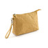 A beige Kraft paper cosmetic bag with a zip closure and a wrist strap, featuring a simple design.