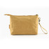 A tan Kraft paper cosmetic bag with a zip closure and a wrist strap, featuring a small logo.