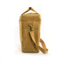 A tan Kraft paper lunch cooler bag with a shoulder strap and a ring handle, featuring a branded logo.