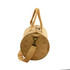 A tan Manila Kraft paper duffle bag with a gold and brown patterned design and dual fabric handles.