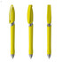 A yellow plastic pen with a shiny silver trim and a clip on top, displayed from three angles.