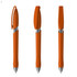 An orange plastic pen with a chrome tip and clip, shown from multiple angles. The pen has a smooth design.