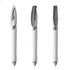 A white plastic pen with a sleek design and chrome accents, featuring a push mechanism and a smooth grip.