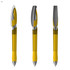 A transparent pen with a yellow body and silver accents, displayed from three different angles.