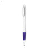 A white plastic pen with a purple grip and clip, featuring a smooth design and a branding logo.