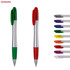 Two plastic pens, one green and one red, alongside a selection of pens in various colours. Each pen features a clip and a logo.