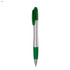A plastic pen featuring a silver body with green accents and a clip. It has a sleek, modern design and a logo.