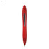 A red plastic pen with a clear body and a metallic clip. It features a sleek, modern design and has a logo.