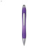 A plastic pen in purple with silver accents and a sleek design. It features a logo on the barrel.