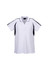 A white polo shirt with black side panels and a collar, featuring a logo on the chest.