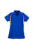 A blue ladies polo shirt with yellow accents and a logo on the chest area.