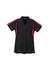 A black polo shirt with red detailing and a collar, featuring a logo on the front.