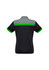 A short sleeve polo shirt in black with grey and vibrant green accents, featuring a logo on the front.