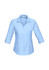 A light blue women's button-up shirt with 3/4 sleeves and a collar. It features a logo on the design.