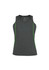 A grey ladies singlet featuring green side accents and a logo on the front.