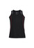 A black singlet with red accents and mesh detailing, featuring a logo.