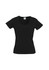 A black ladies' t-shirt with short sleeves and a scoop neckline, featuring a logo on the label.