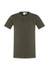 A men's vintage tee in olive green, featuring short sleeves and a buttoned neckline. It has a logo on the label.