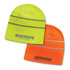 A pair of high-visibility beanies in bright yellow and orange, featuring reflective stripes and logos.