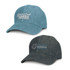 Two denim caps are displayed, one in teal and the other in dark denim, both featuring logos.