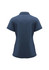 A navy blue women's short sleeve polo shirt with a classic collar and a fitted design on display.