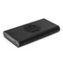A black wireless power bank with a textured top and multiple charging ports. It features a logo on the side.