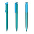 Transparent high gloss pen in teal with a blue clip, featuring a sleek, modern design.