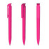 A set of three pink plastic pens with a high gloss finish and built-in clips. Each pen has a sleek design.