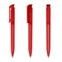 A set of three transparent red plastic pens, displaying different angles and a clip design.