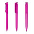 A set of three pink transparent plastic pens with a sleek design and clips, featuring a visible mechanism.