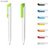 A set of plastic pens featuring a white body with colourful clips, including green, blue, orange, and red.