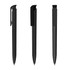 A set of three black plastic pens featuring a sleek, high-gloss finish and a clip for attachment.