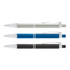 A set of three metal pens in silver, blue, and black, each with a decorative grip and clip.