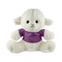 A plush sheep toy in white with a purple shirt, featuring black button eyes and a stitched face.
