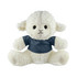 A fluffy white sheep plush toy wearing a blue shirt, seated with a friendly expression.