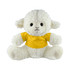 A plush sheep toy with a soft white body and a yellow shirt, featuring black eyes and a stitched face.