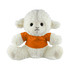 A white plush sheep wearing an orange shirt, sitting upright with a soft, fluffy texture.