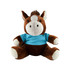 A brown and white horse plush toy wearing a blue shirt, featuring large, friendly eyes and a tufted mane.