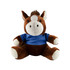 A brown horse plush toy wearing a blue shirt, with a cute face and soft fur. It has a logo on its shirt.