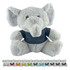 A grey elephant plush toy wearing a blue shirt, featuring large ears and a friendly expression. It has a multi-coloured design border.