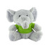A grey elephant plush toy wearing a green shirt, with large ears and a friendly expression. It has a logo on its shirt.