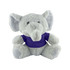 A grey plush elephant with large ears, wearing a purple t-shirt, sitting upright. It has a logo on the shirt.