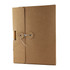 A cardboard notebook gift box in brown, featuring a tie closure and a pen attached.