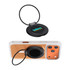 A black phone grip and stand with a circular design, featuring a logo, positioned on an orange phone case.