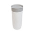 A stainless steel coffee cup in white with a gray lid, featuring a smooth, sleek design and a logo.