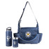 A navy blue shoulder bag with a logo, accompanied by a drink bottle and a stainless steel cup.