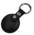 A black tracking tag with a keyring attached, featuring a leather case and metal snap.