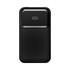 A black power bank with a textured surface and digital display showing battery percentage. It features a branding logo.