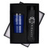 A drink bottle and a black umbrella in a black gift box, featuring a logo on both items. The tumbler is blue.